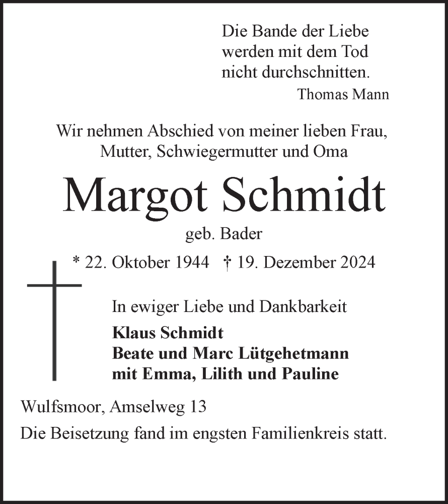  Traueranzeige für Margot Schmidt vom 31.12.2024 aus Schwäbische Tagblatt