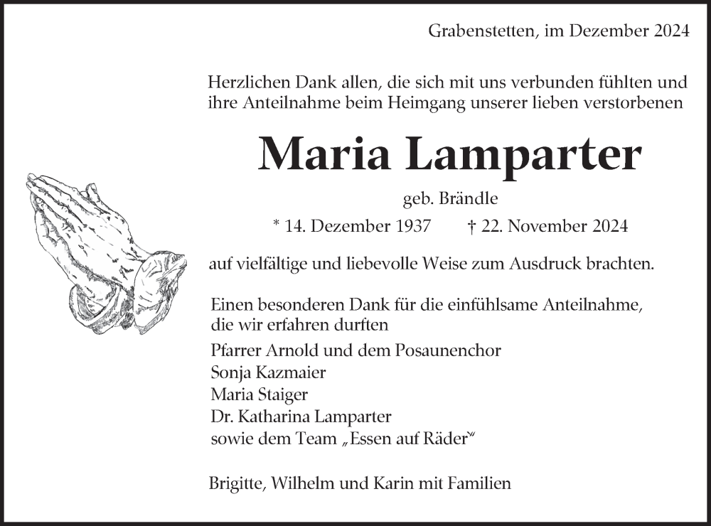  Traueranzeige für Maria Lamparter vom 18.12.2024 aus Alb-Bote/Metzinger-Uracher Volksblatt