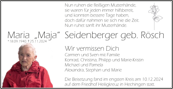 Traueranzeige von Maria Seidenberger von SÜDWEST PRESSE Zollernalbkreis/Hohenzollerische Zeitung