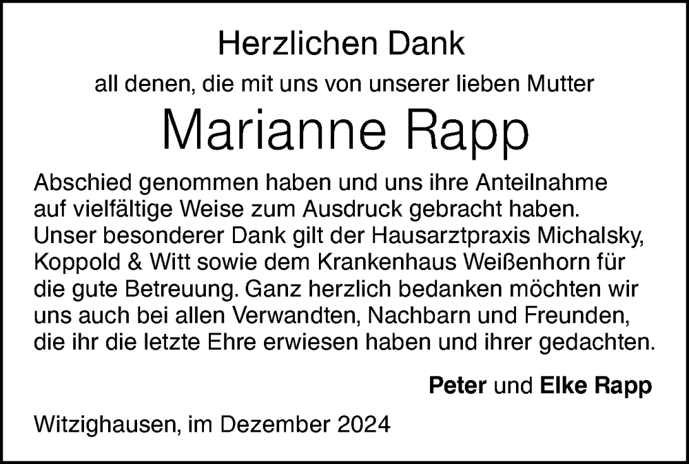  Traueranzeige für Marianne Rapp vom 19.12.2024 aus SÜDWEST PRESSE Ausgabe Ulm/Neu-Ulm