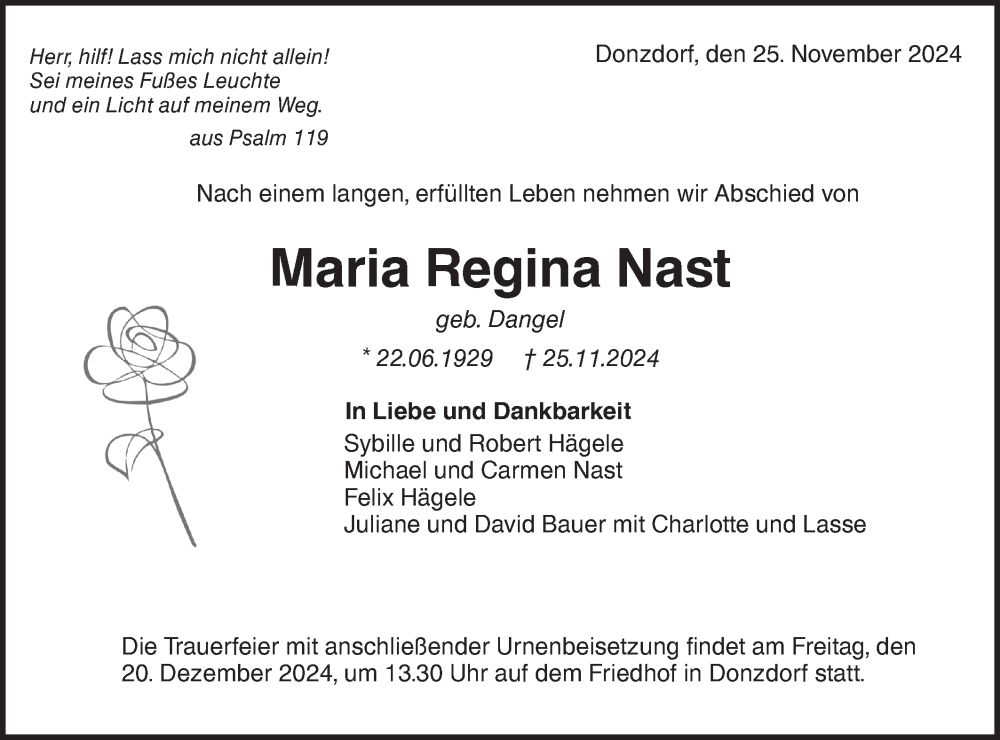  Traueranzeige für Maria Regina Nast vom 14.12.2024 aus NWZ Neue Württembergische Zeitung