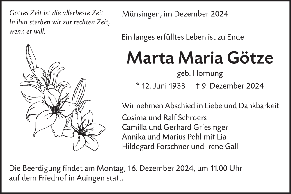  Traueranzeige für Marta Maria Götze vom 14.12.2024 aus Alb-Bote/Metzinger-Uracher Volksblatt