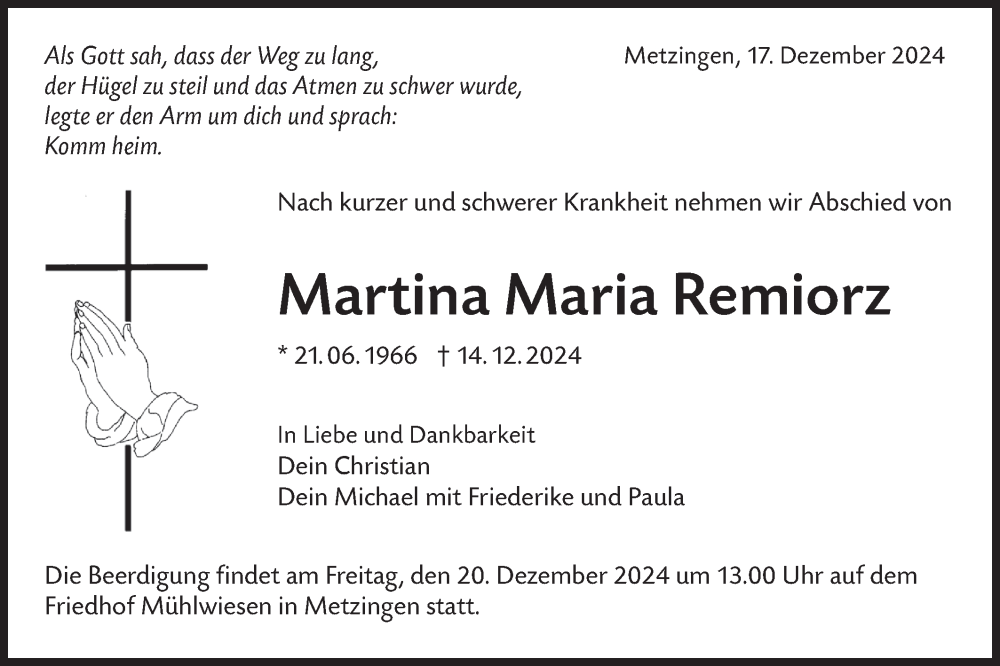  Traueranzeige für Martina Maria Remiorz vom 17.12.2024 aus Alb-Bote/Metzinger-Uracher Volksblatt