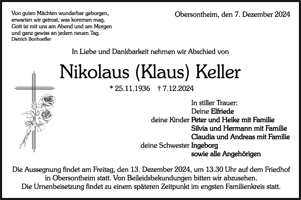  Traueranzeige für Nikolaus Keller vom 11.12.2024 aus Haller Tagblatt