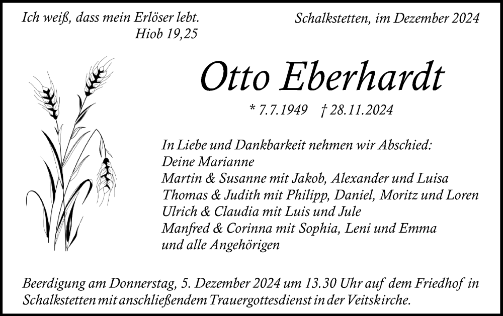  Traueranzeige für Otto Eberhardt vom 03.12.2024 aus Geislinger Zeitung