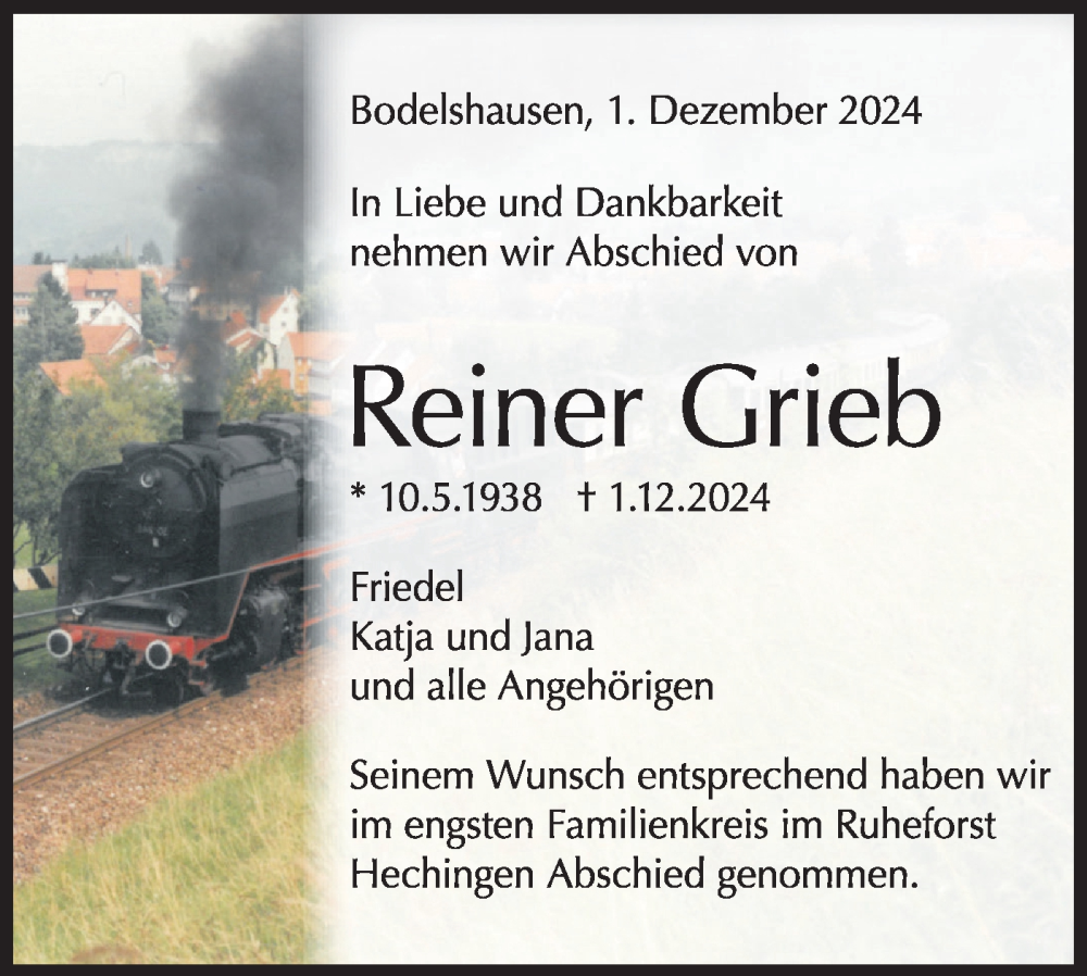  Traueranzeige für Reiner Grieb vom 18.12.2024 aus Schwäbische Tagblatt