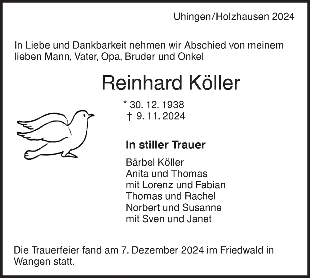  Traueranzeige für Reinhard Köller vom 14.12.2024 aus NWZ Neue Württembergische Zeitung