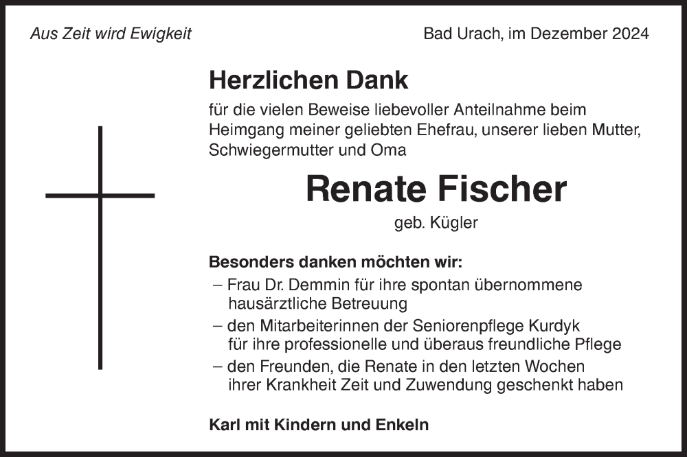  Traueranzeige für Renate Fischer vom 27.12.2024 aus Alb-Bote/Metzinger-Uracher Volksblatt