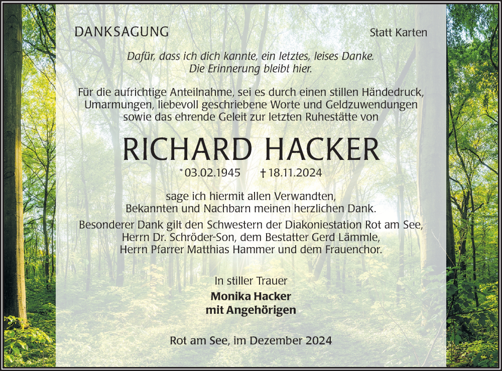 Traueranzeige für Richard Hacker vom 21.12.2024 aus Hohenloher Tagblatt