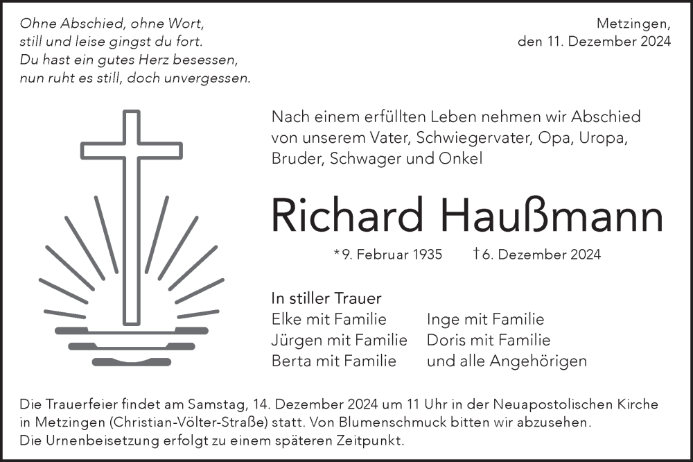  Traueranzeige für Richard Haußmann vom 11.12.2024 aus Alb-Bote/Metzinger-Uracher Volksblatt