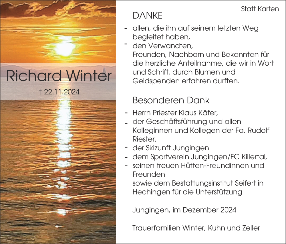  Traueranzeige für Richard Winter vom 19.12.2024 aus SÜDWEST PRESSE Zollernalbkreis/Hohenzollerische Zeitung