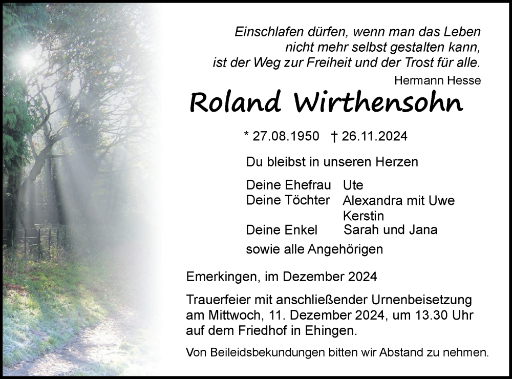  Traueranzeige für Roland Wirthensohn vom 07.12.2024 aus Ehinger Tagblatt