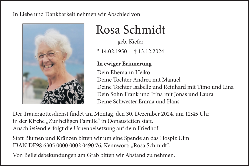  Traueranzeige für Rosa Schmidt vom 21.12.2024 aus SÜDWEST PRESSE Ausgabe Ulm/Neu-Ulm