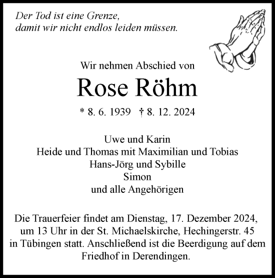 Traueranzeige von Rose Röhm von Schwäbische Tagblatt