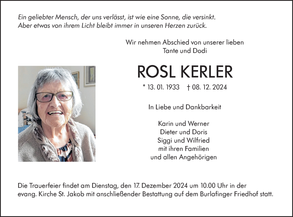  Traueranzeige für Rosl Kerler vom 14.12.2024 aus SÜDWEST PRESSE Ausgabe Ulm/Neu-Ulm