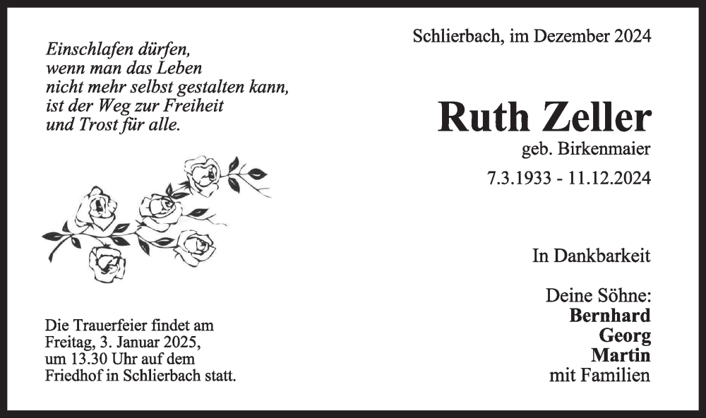  Traueranzeige für Ruth Zeller vom 14.12.2024 aus NWZ Neue Württembergische Zeitung