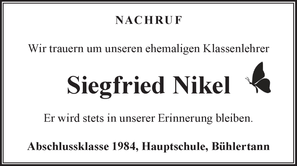  Traueranzeige für Siegfried Nikel vom 19.12.2024 aus Haller Tagblatt/Haller Tagblatt