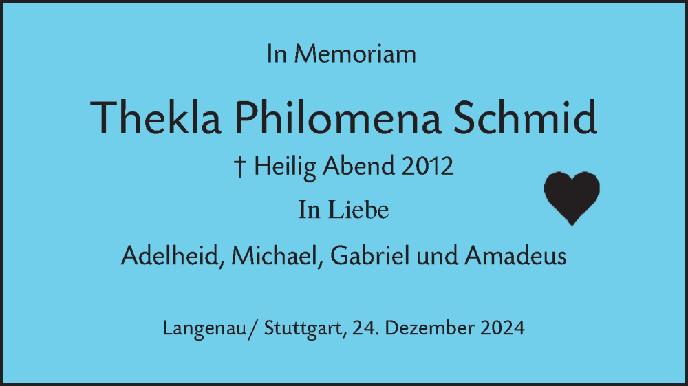 Traueranzeige für Thekla Philomena Schmid vom 24.12.2024 aus SÜDWEST PRESSE Ausgabe Ulm/Neu-Ulm