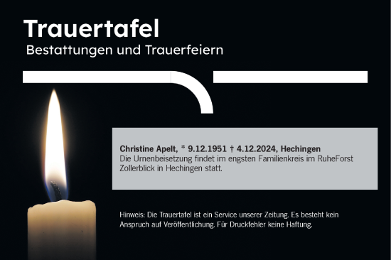 Traueranzeige von Totentafel vom 14.12.2024 von SÜDWEST PRESSE Zollernalbkreis/Hohenzollerische Zeitung