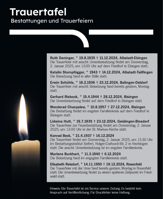 Traueranzeige von Totentafel vom 31.12.2024 von SÜDWEST PRESSE Zollernalbkreis/Hohenzollerische Zeitung