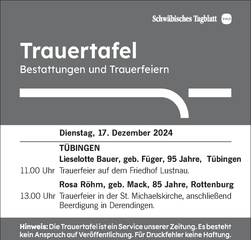  Traueranzeige für Trauertafel  vom 17.12.2024 aus Schwäbische Tagblatt