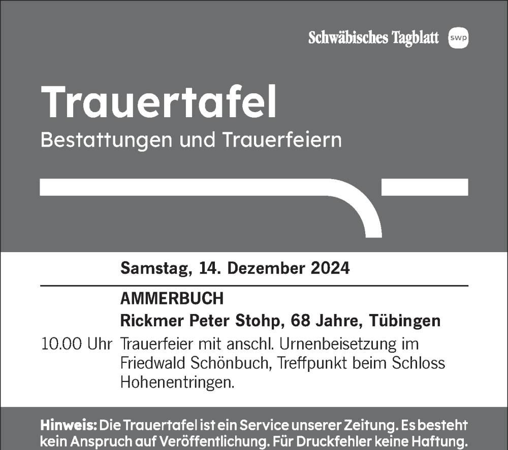  Traueranzeige für Trauertafel  vom 14.12.2024 aus Schwäbische Tagblatt