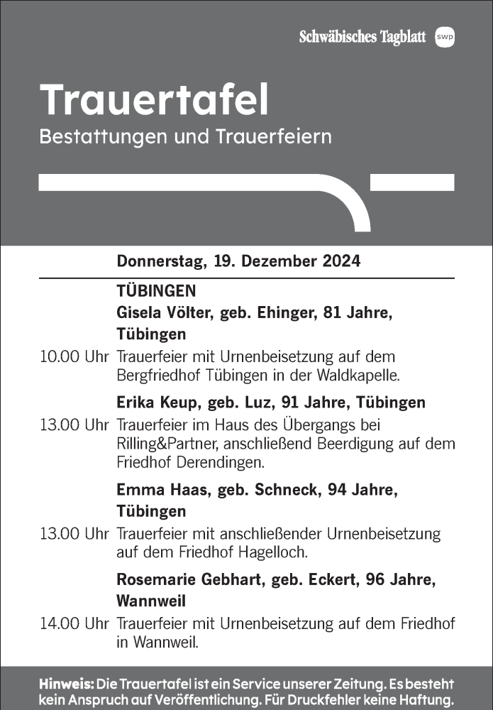  Traueranzeige für Trauertafel  vom 19.12.2024 aus Schwäbische Tagblatt