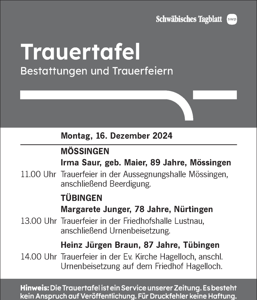  Traueranzeige für Trauertafel  vom 16.12.2024 aus Schwäbische Tagblatt