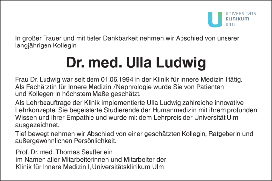 Traueranzeige von Ulla Ludwig von SÜDWEST PRESSE Ausgabe Ulm/Neu-Ulm
