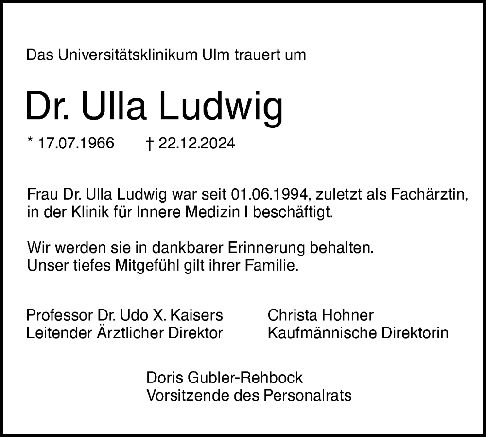  Traueranzeige für Ulla Ludwig vom 28.12.2024 aus SÜDWEST PRESSE Ausgabe Ulm/Neu-Ulm