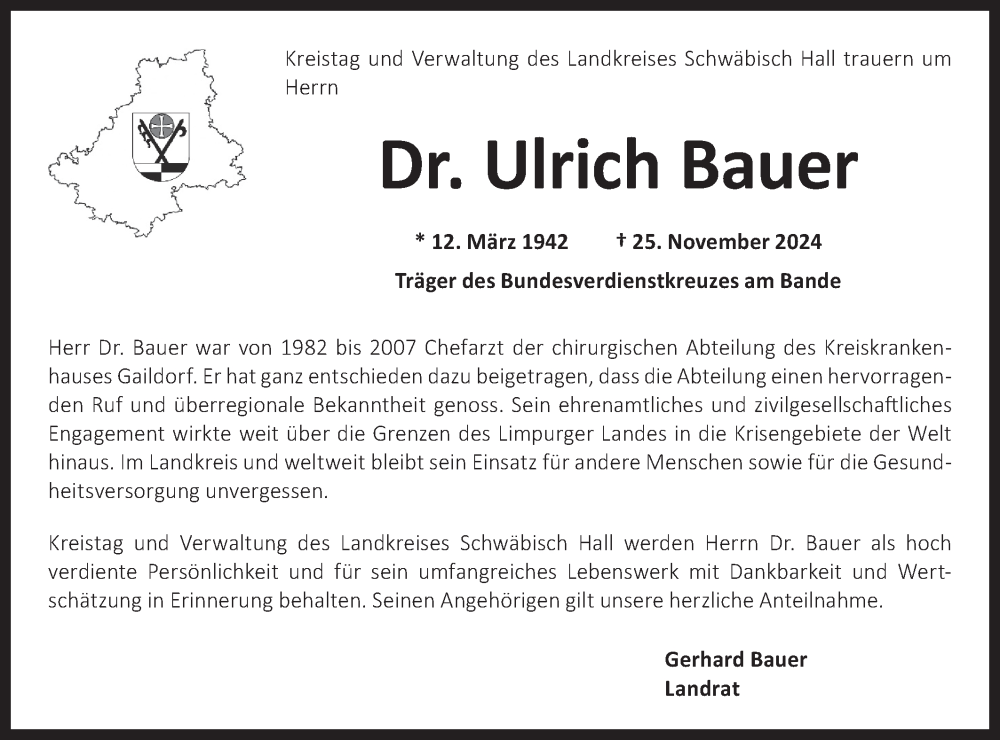  Traueranzeige für Ulrich Bauer vom 05.12.2024 aus Rundschau Gaildorf