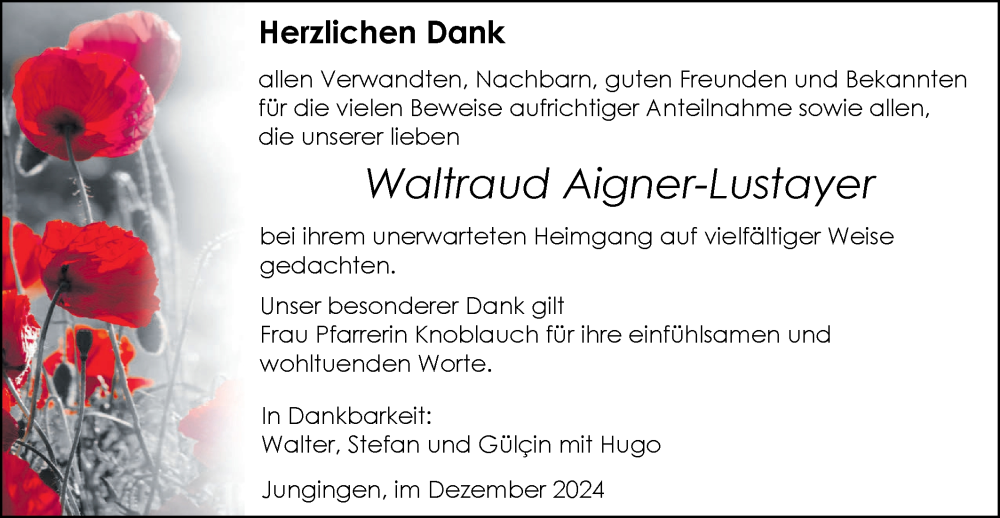  Traueranzeige für Waltraud  Aigner-Lustayer vom 21.12.2024 aus SÜDWEST PRESSE Ausgabe Ulm/Neu-Ulm