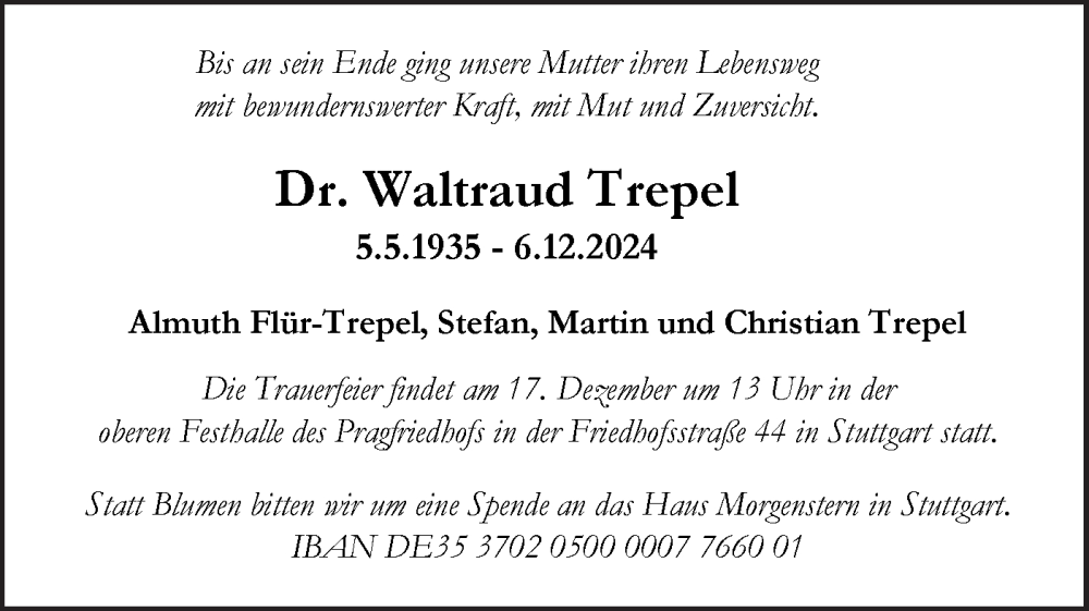  Traueranzeige für Waltraud Trepel vom 14.12.2024 aus SÜDWEST PRESSE Ausgabe Ulm/Neu-Ulm