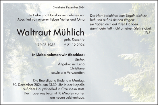 Traueranzeige von Waltraut Mühlich von Hohenloher Tagblatt