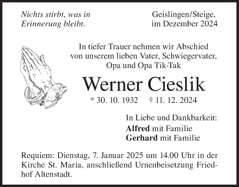  Traueranzeige für Werner Cieslik vom 30.12.2024 aus Geislinger Zeitung