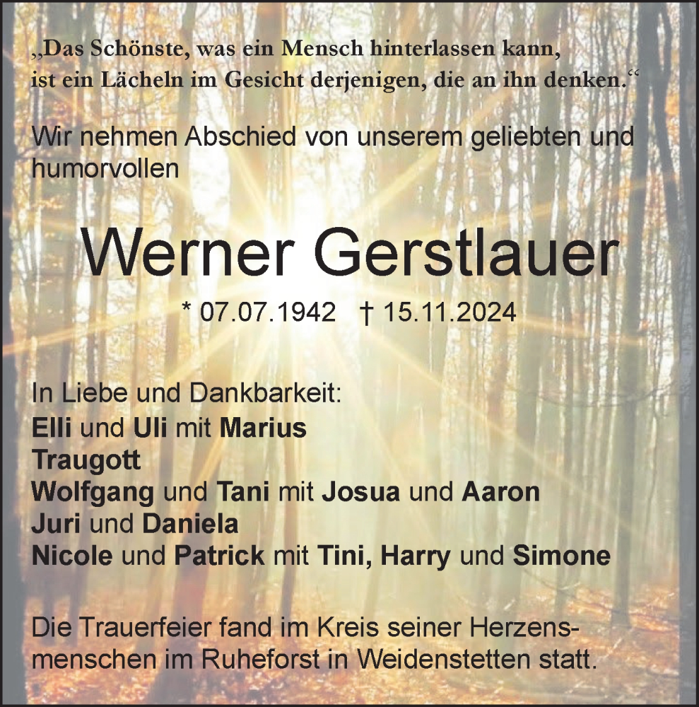  Traueranzeige für Werner Gerstlauer vom 21.12.2024 aus SÜDWEST PRESSE Ausgabe Ulm/Neu-Ulm