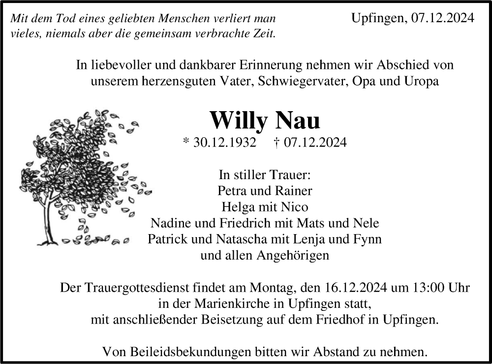  Traueranzeige für Willy Nau vom 13.12.2024 aus Alb-Bote/Metzinger-Uracher Volksblatt