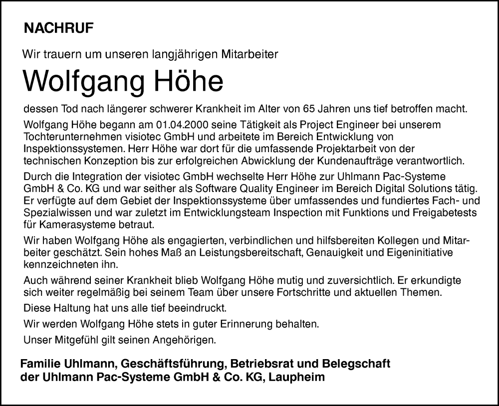  Traueranzeige für Wolfgang Höhe vom 23.12.2024 aus SÜDWEST PRESSE Ausgabe Ulm/Neu-Ulm