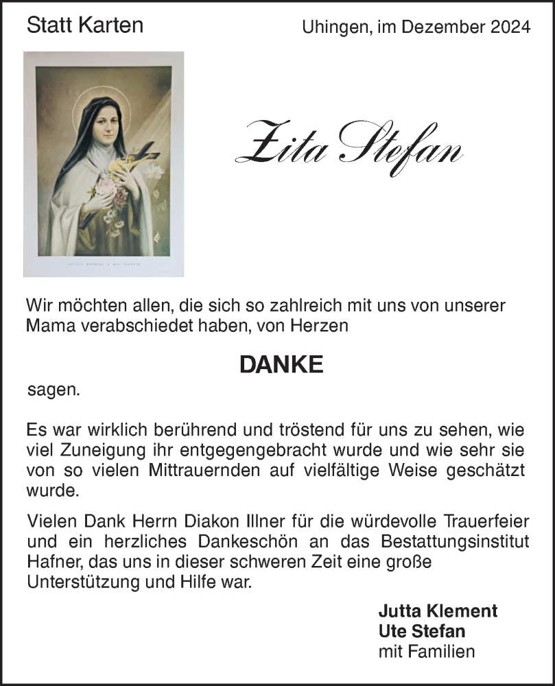  Traueranzeige für Zita Stefan vom 16.12.2024 aus NWZ Neue Württembergische Zeitung