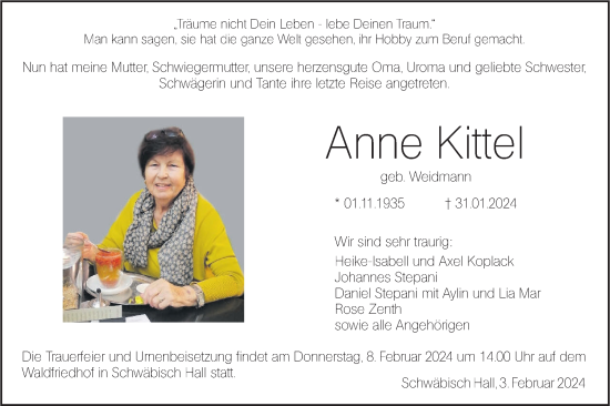 Traueranzeige von Anne Kittel von Haller Tagblatt