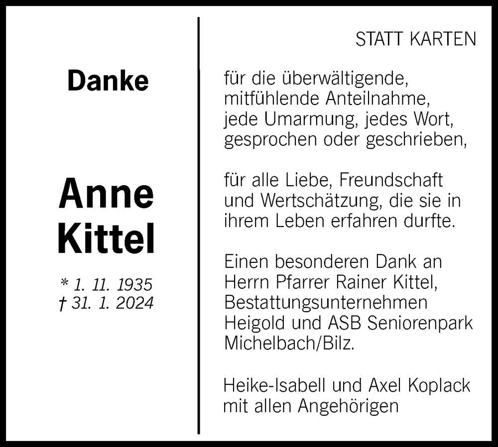  Traueranzeige für Anne Kittel vom 17.02.2024 aus Haller Tagblatt