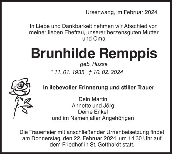 Traueranzeige von Brunhilde Remppis von NWZ Neue Württembergische Zeitung