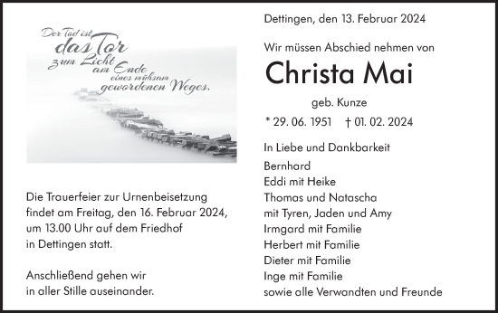Traueranzeige von Christa Mai von SÜDWEST PRESSE/SÜDWEST PRESSE