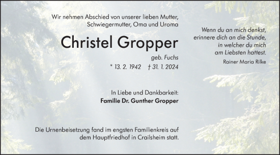 Traueranzeige von Christel Gropper von Hohenloher Tagblatt