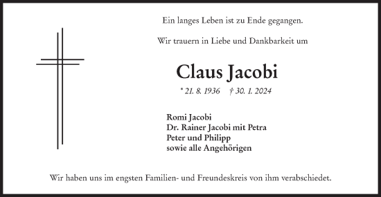 Traueranzeige von Claus Jacobi von Hohenloher Tagblatt