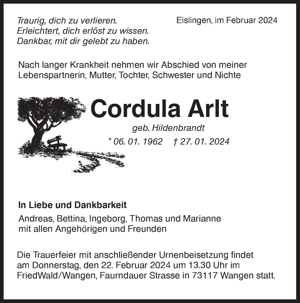  Traueranzeige für Cordula Arlt vom 15.02.2024 aus NWZ Neue Württembergische Zeitung