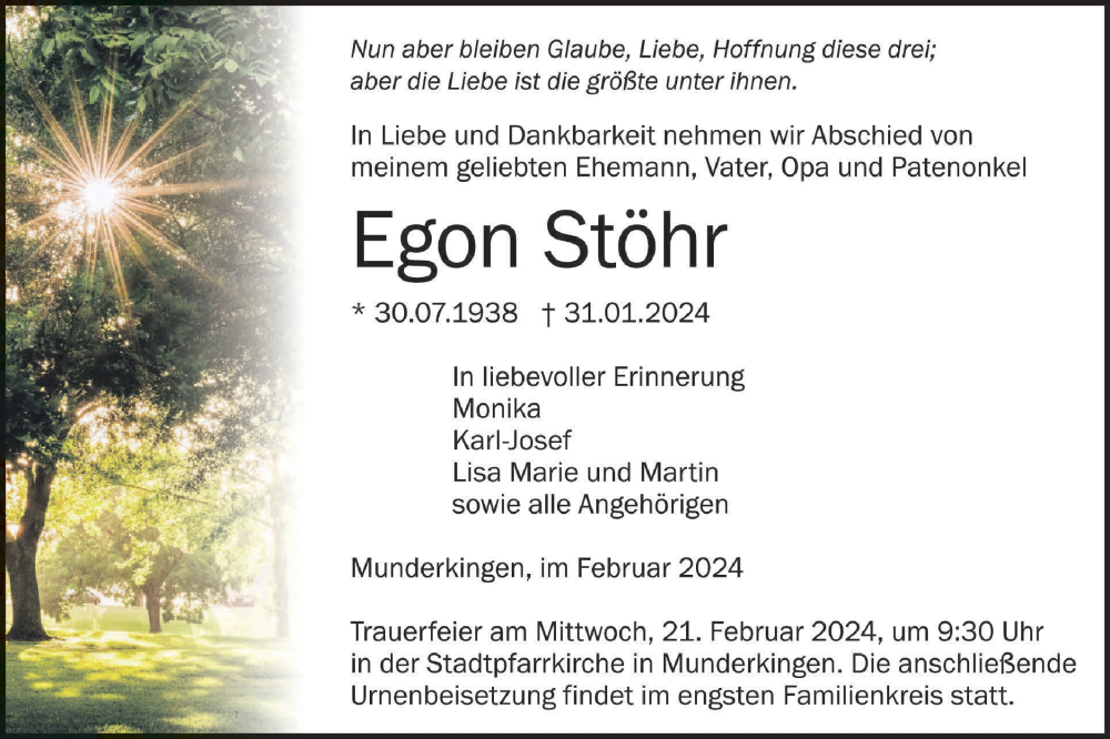  Traueranzeige für Egon Stöhr vom 16.02.2024 aus Ehinger Tagblatt