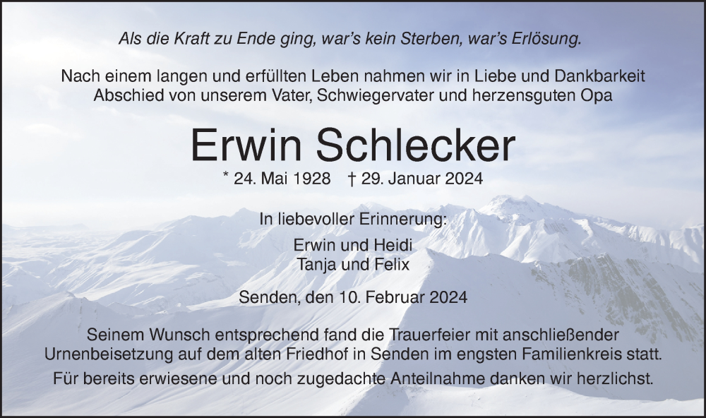 Traueranzeige für Erwin Schlecker vom 10.02.2024 aus SÜDWEST PRESSE Ausgabe Ulm/Neu-Ulm
