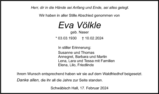 Traueranzeige von Eva Völkle von Haller Tagblatt