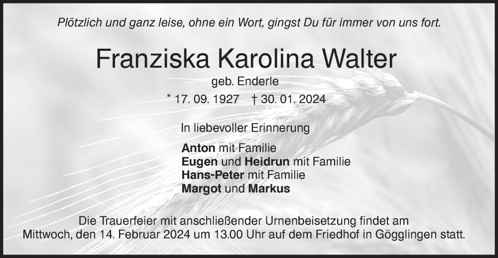  Traueranzeige für Franziska Karolina Walter vom 10.02.2024 aus SÜDWEST PRESSE Ausgabe Ulm/Neu-Ulm